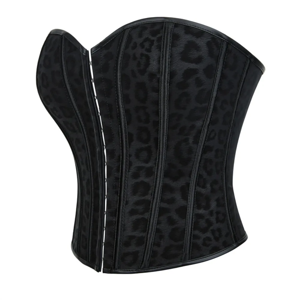 

Black Leopard Faux Leather Single Breasted Buckle Corset Crop Tops Women Overbust Sexy Lingerie Slimming Strapless Bustier