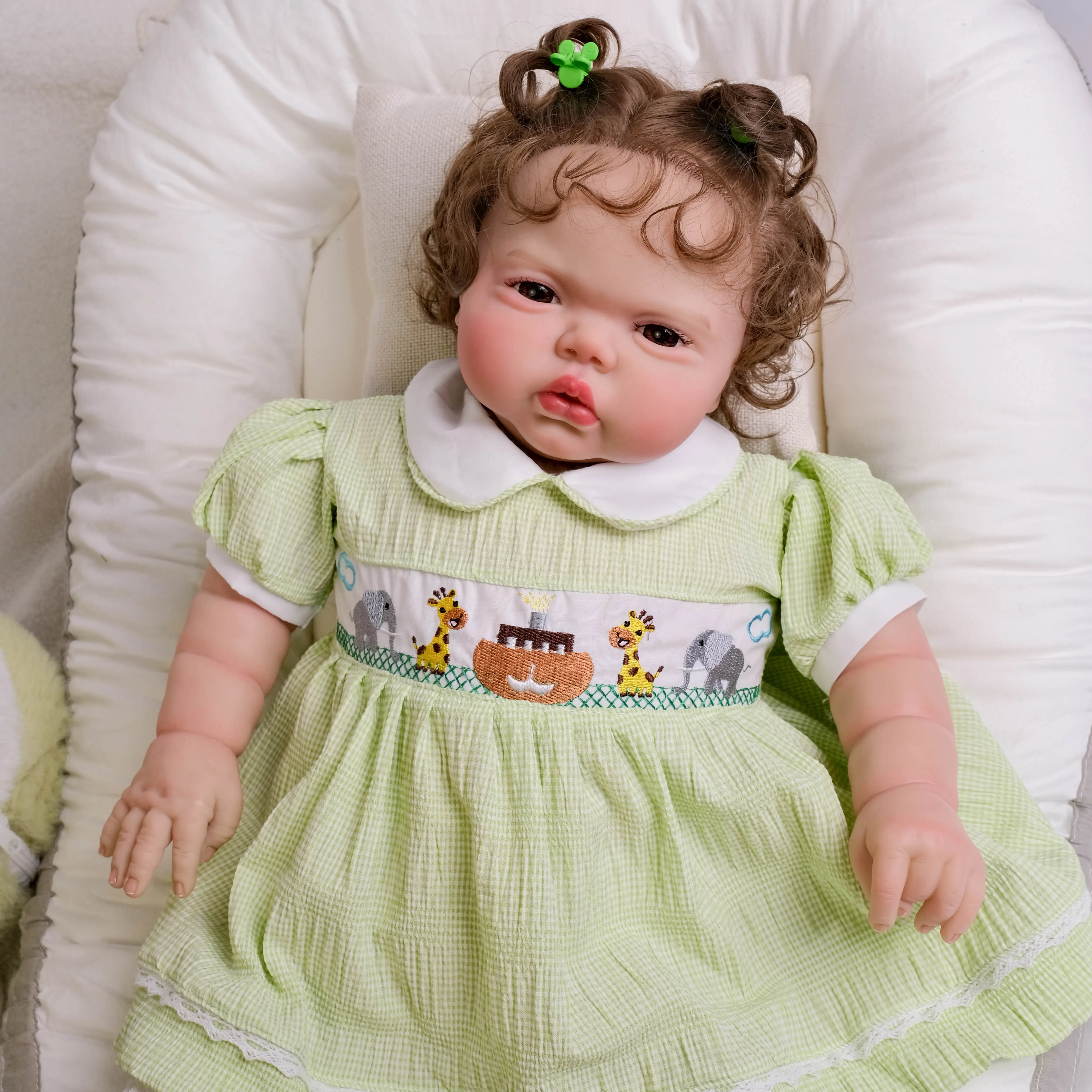 FBBD  24Inch pickle Girl Awake in Soft Cloth Body Lifelike Reborn Toddler Hand Rooted Curly Brown Hair Cuddly Baby Doll Baby