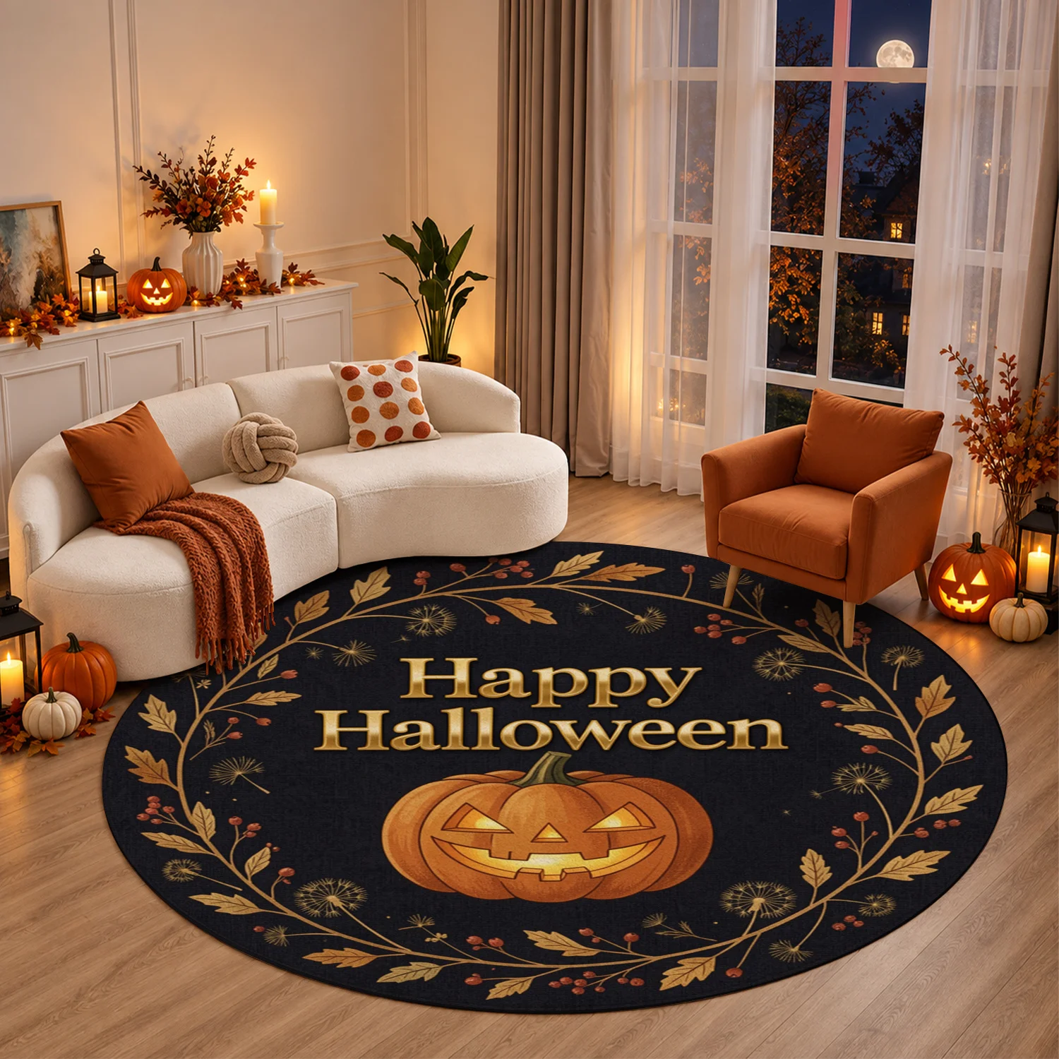 Round Jack-o'-lantern Halloween Autumn Wreath Velvet Doormat, Machine Washable Durable Floor Mat for Entryway Porch Living Room, Ideal for Halloween Thanksgiving Christmas New Year Black Friday Cyber Monday Home Decor