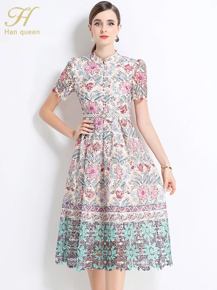 

H Han Queen New Floral Crochet Hollow Out Lace Dresses Elegant Casual Work Party Patchwork Casual Office Midi Vintage Dress