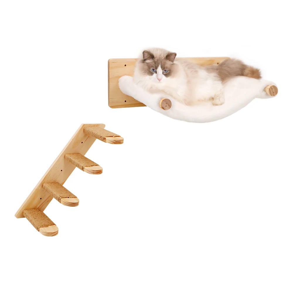 Cat Wall Furniture Set Including Climbing Step and Hammock for Sleeping Playing Climbing and Lounging Cat Wall Mounted Shelves