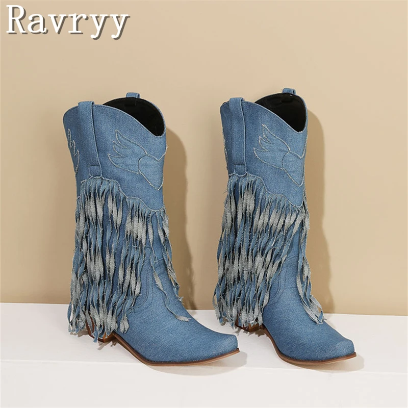 

Women New Casual Cowboy Boots Tassel Decor Thick Heel Slip On Mid Calf Denim Boots Winter Cowgirl Warm Shoes