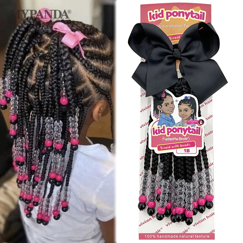 Wigs Beaded Braided Ponytail Women Hair Extensions Fiber Braiding Child Synthetic Beads Wigs Bows Children'S Hair Extensions