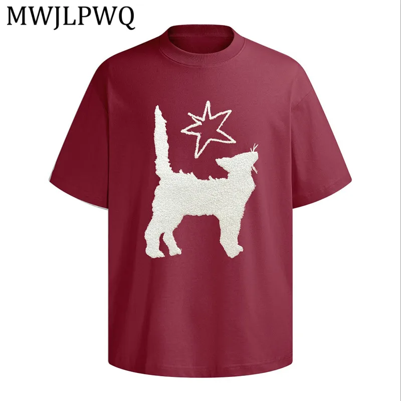 

MWJLPWQ Мужская трикотажная футболка с вышивкой и короткими рукавами в американском уличном стиле, свободные повседневные топы с круглым вырезом, весна 13553