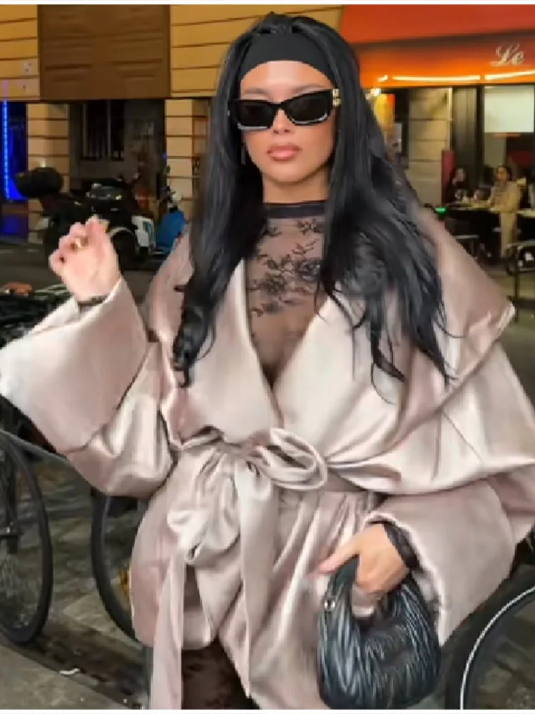 

Минималистичный роскошный атласный жакет свободного кроя с поясом, женская шелковистая офисная верхняя одежда, шикарный изысканный стильный весенний наряд