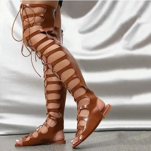 

Size 47 Women Brown Soft Leather Gladiator Cross Tied Over The Knee Sandals Boots Female Flat Slingback Lace Up Thigh Long Boots