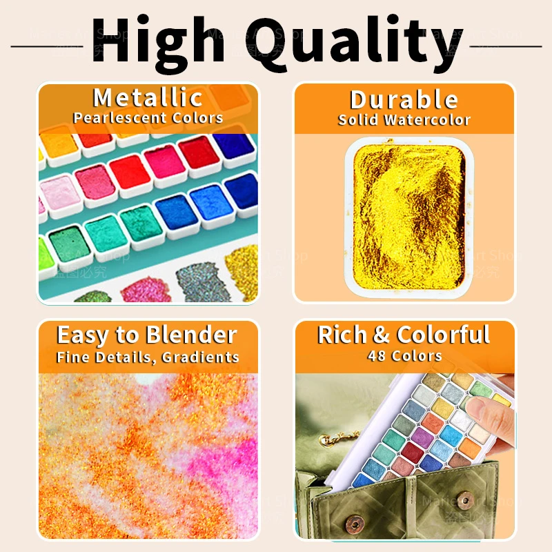 반짝이는 진주빛 48색 단색 수채화 물감 휴대용 상자에 세트, 그림, 쓰기, 장식, 예술가, 초보자용