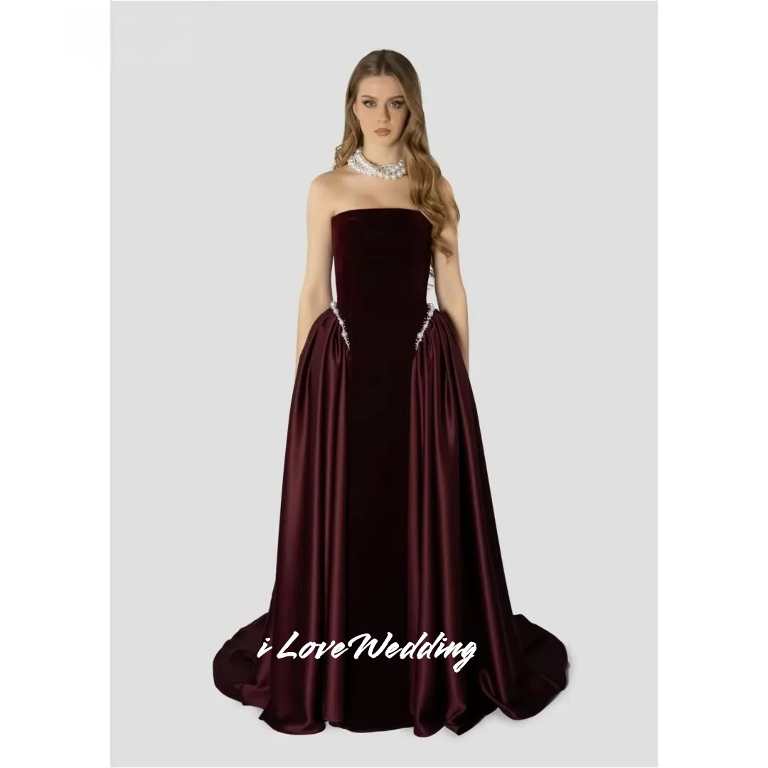 

Burgundy Strapless Prom Dresses 2025 Sleeveless Backless lace-up A-Line Beaded Pleated Sweep Train Floor-Length Party Customized