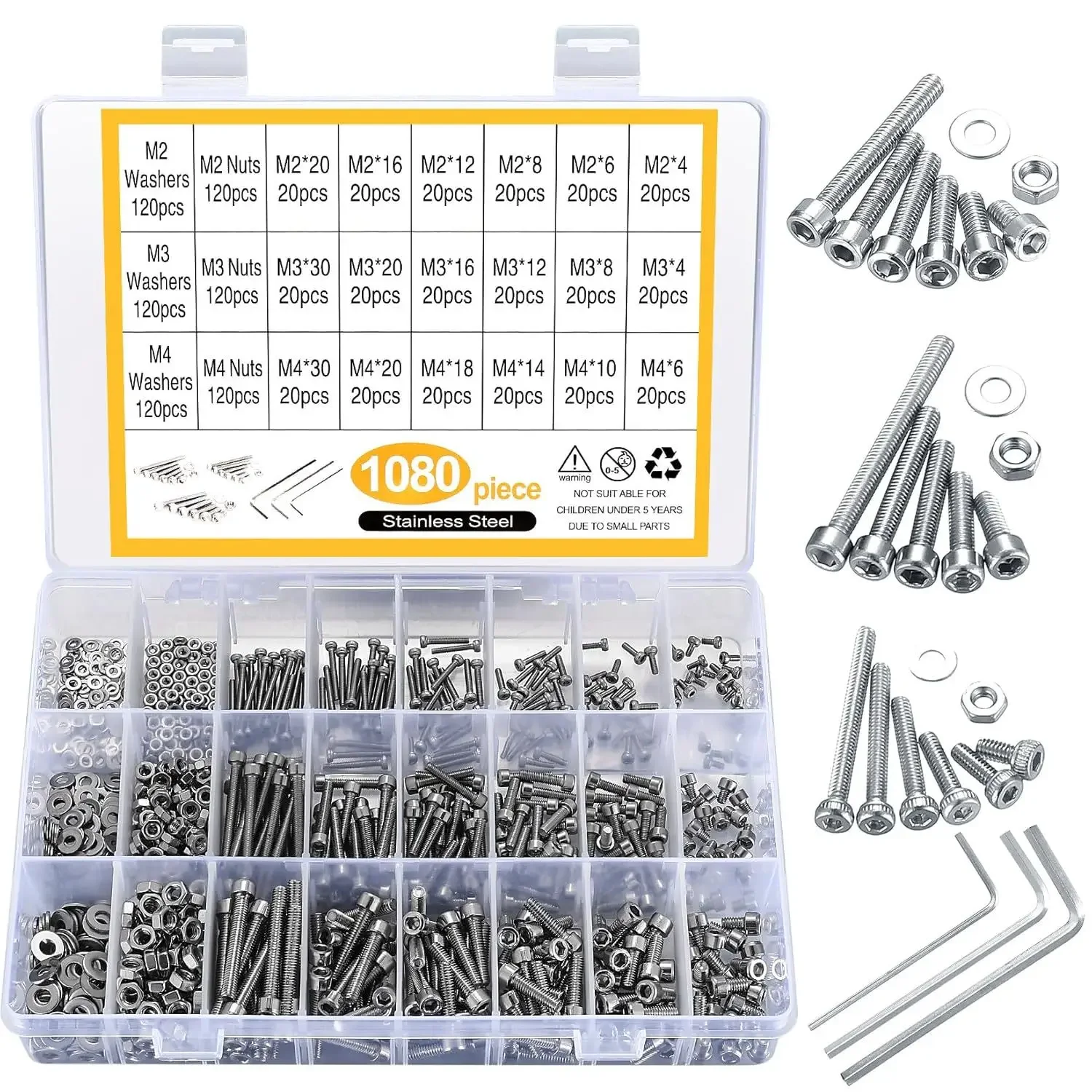 1080/1225pcs Hex Socket Screw Set M2M3M4M5 stainless steel/Carbon Steel Round cup cap Head Screws Nuts Washers Assortment Kit
