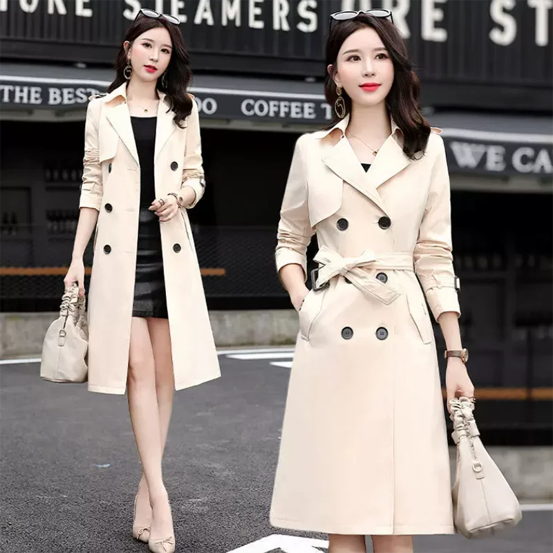 

Windbreaker Women Overcoat Fashion Slim Belt Double-Breasted Long Trench Coat 2024 Spring Autumn New Casual Coat Female Outwear