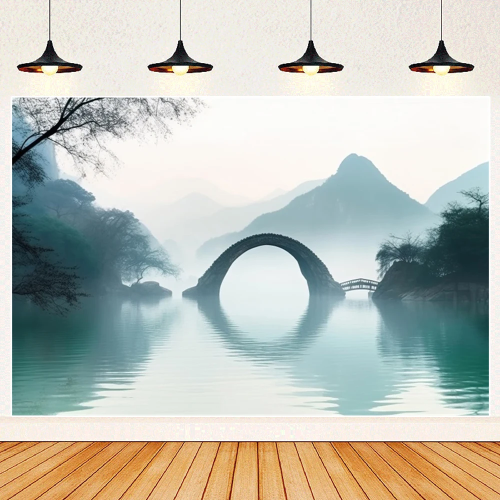 Chinese Landscape Background Cloth Tea Room Living Room Wall Decoration New Chinese Zen Mural Backdrop Photography Studio Props