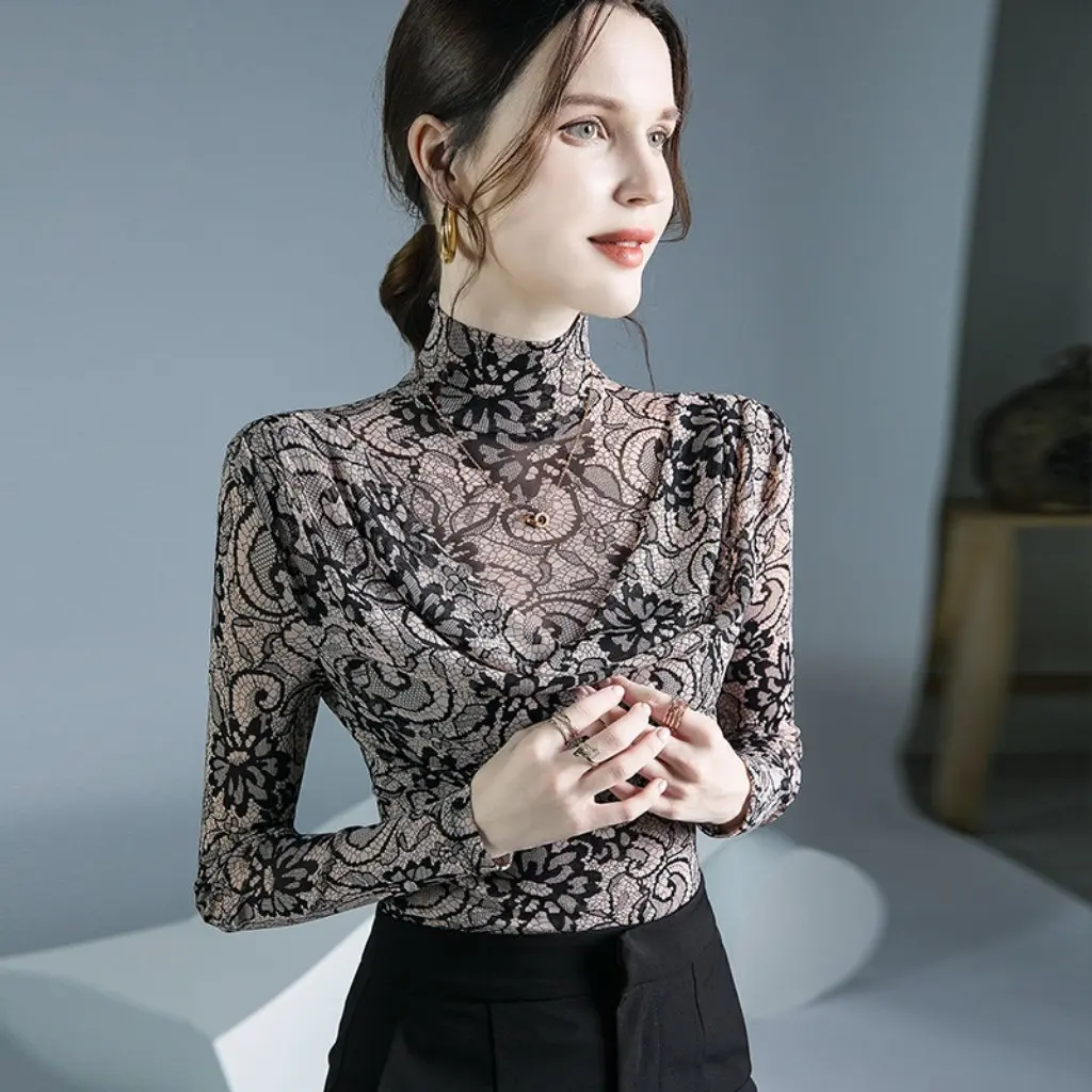 

Женская водолазка в корейском стиле, осенне-зимняя кружевная рубашка с небольшим узором, плиссированный дизайн, внутренняя одежда