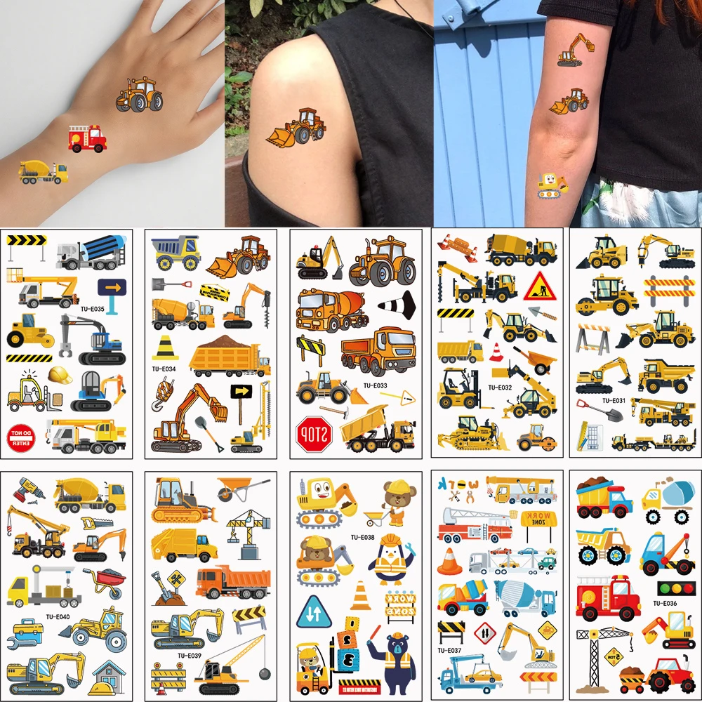 

10sheet/Set Temporary Tattoos Engineering Crane Cartoon Excavator Vehicle Pattern Stickers Kids Hand Body Party Favors Gift