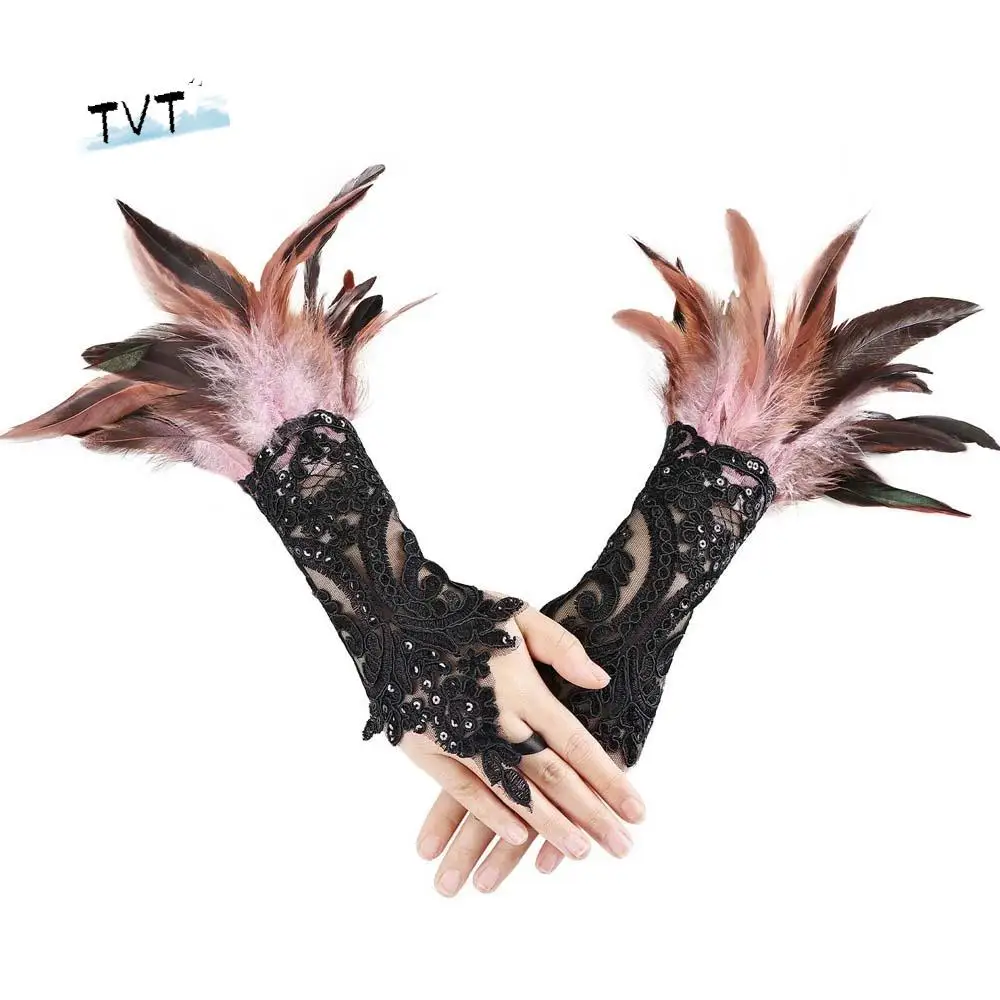 

Retro Halloween Feather Gloves Gothic Embroidery Sequins Feather Lace Gloves Wristband Dark Women Halloween Arm Sleeves Festival
