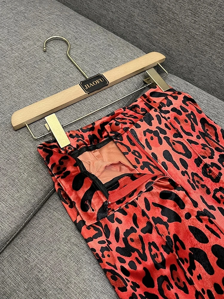 HIGH STREET Newest Fashion 2025 Designer Suit Set Women's Single Button Leopard Printed Velvet Blazer Pencil Pants Suit 2PCS