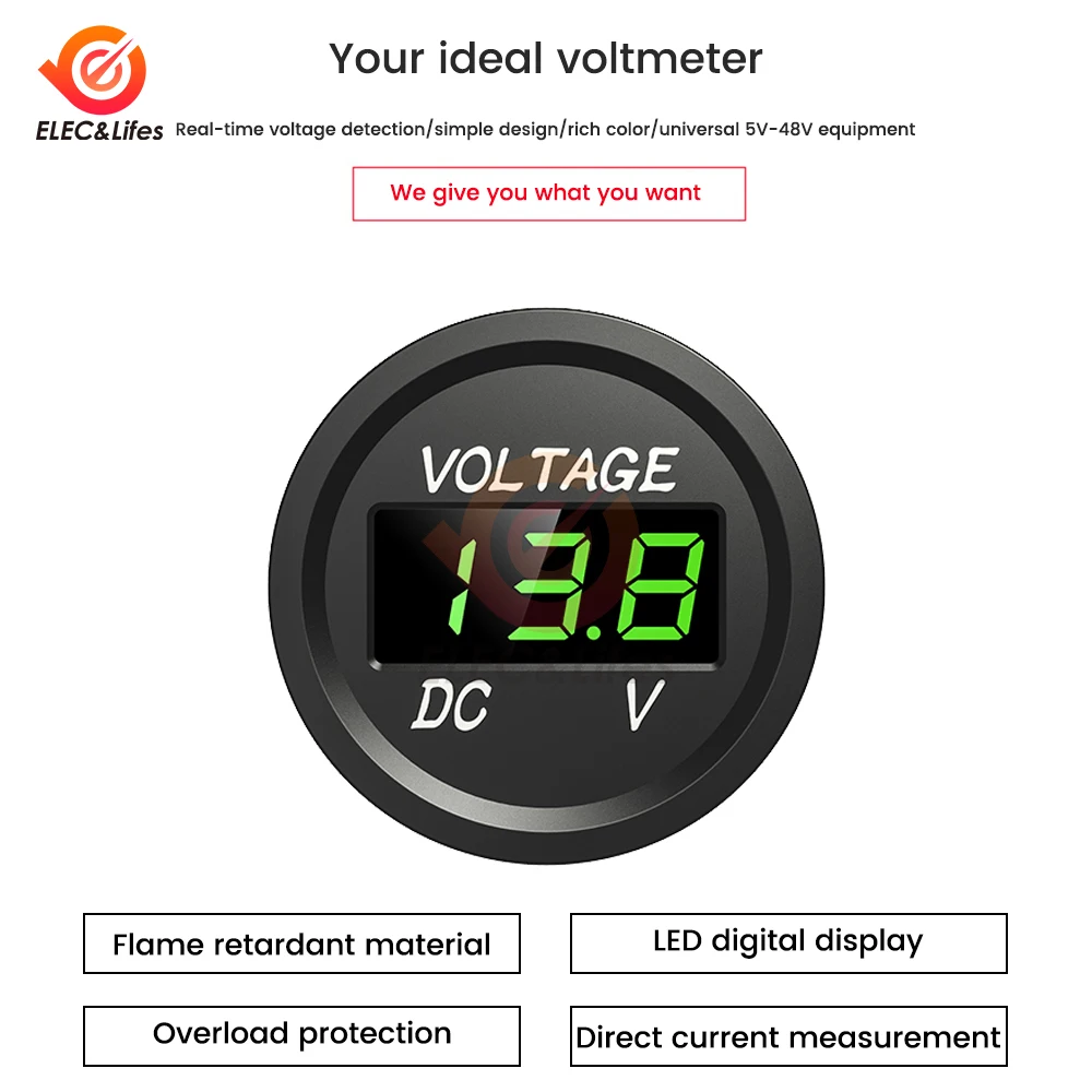 Mini Round Waterproof Waterwheel Ship Motorcycle DC 5-48V LED Panel Digital Voltmeter Tester Display Voltmeter 12V 24V 36V