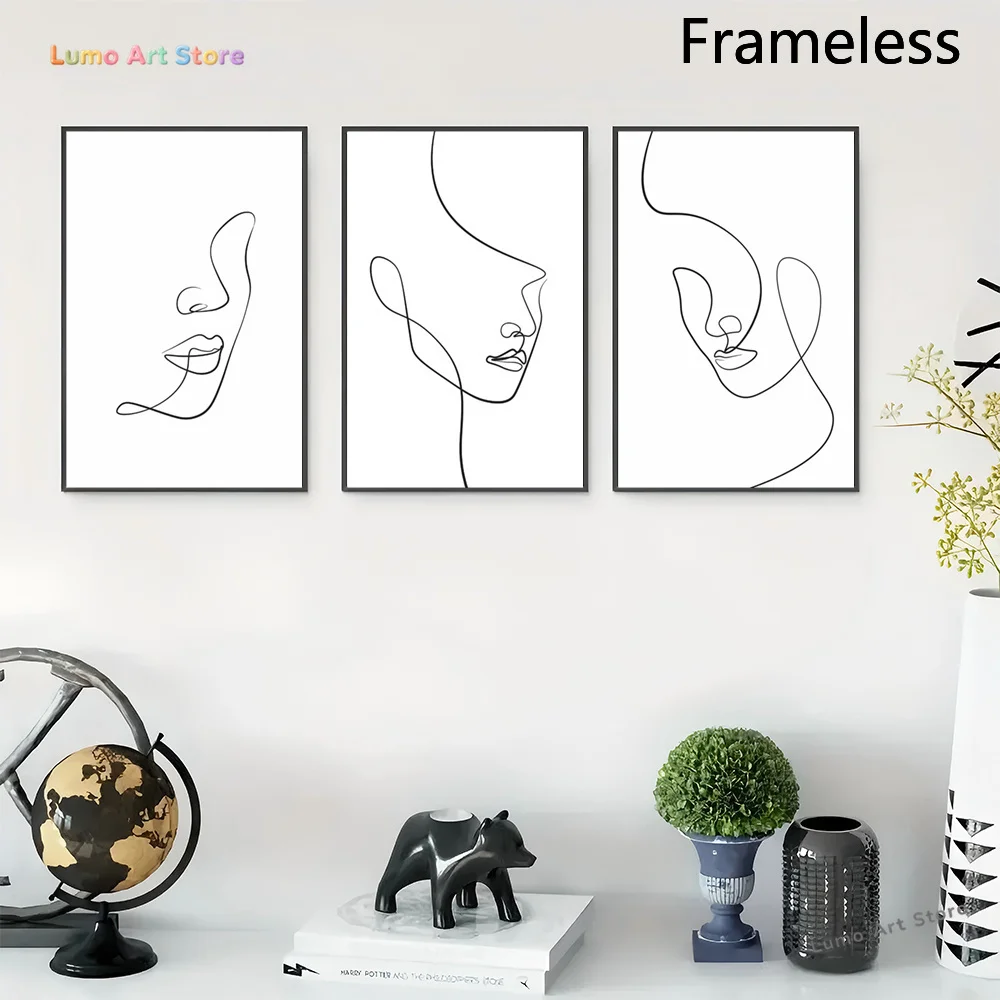 2D Flat, Set of 3 Unframed Contemporary Wall Arts, Abstract Face Canvas Paintings, Continuous Line Drawings, Black and Whit