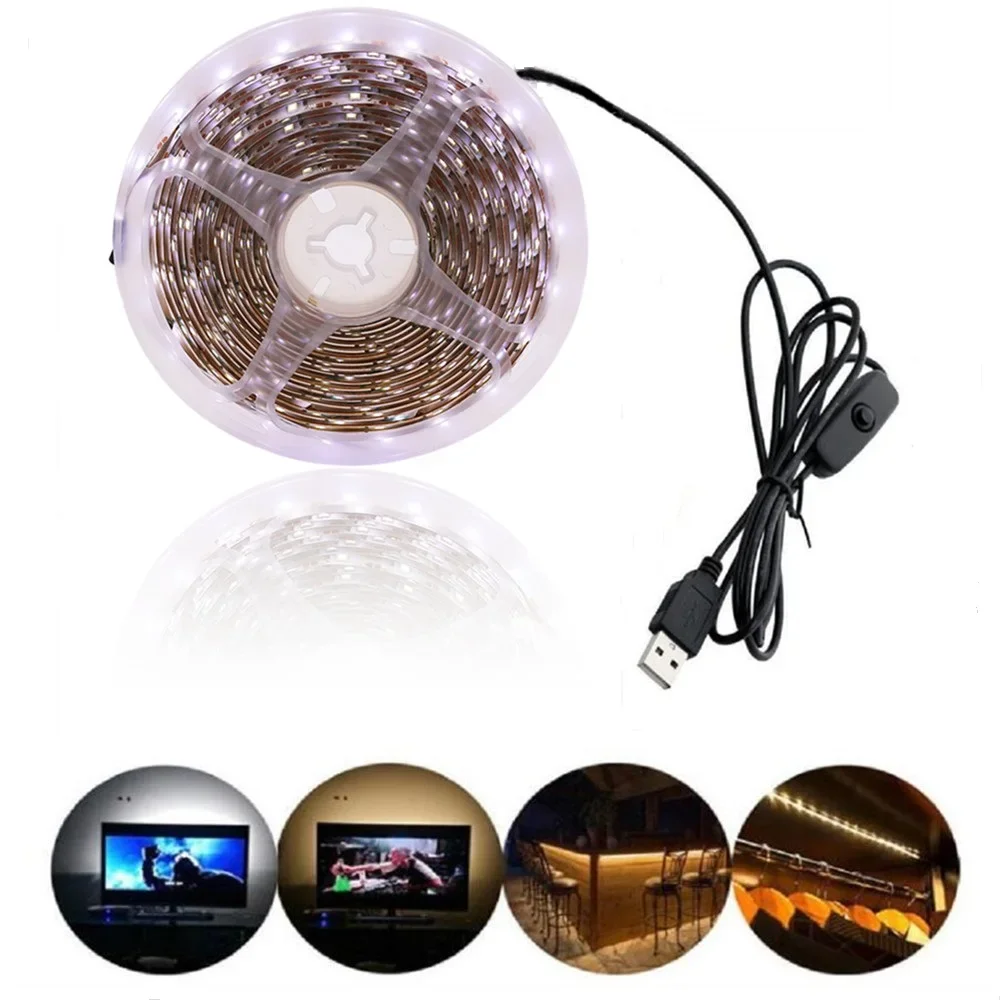 USB LED Strip Light TV Background Flexible Ribbon ON/OFF Switch 60Leds/m Cabinet Rope Tape Lamp