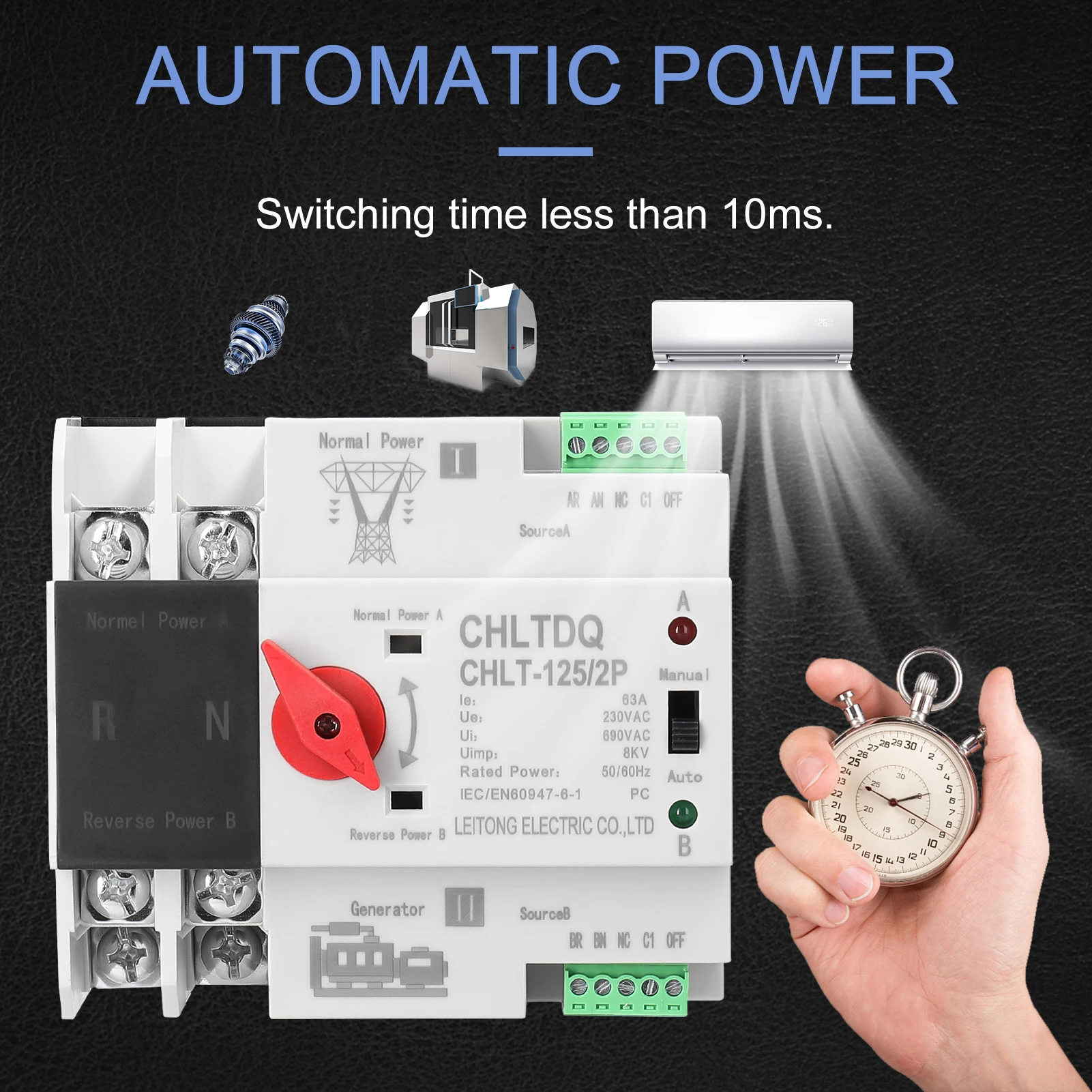 Compact Automatic Transfer Switch Electrical Selector Switches Dual Power Switch Solar Power Rail Type Household Power