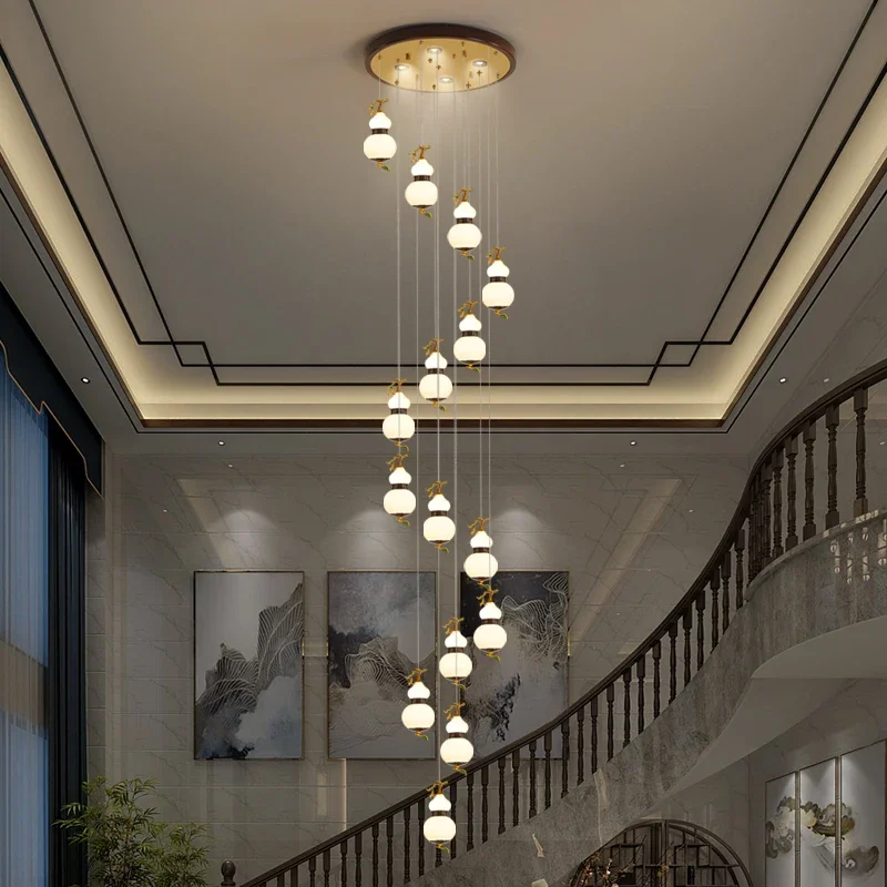 

New Chinese stair chandelier enamel color decoration Chinese style zen light luxury solid wood antique villa duplex stair lamp