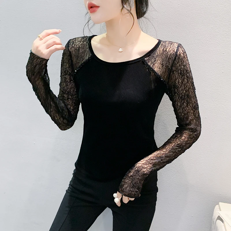 #7488 Spring Summer Black See Through Long Sleeve T Shirt Women Round Neck Sexy Skinny Elastic Short Womens Tshirt Split Joint