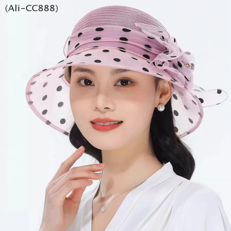 Elegant Lady Fashion Organza Summer Bucket Hat Polka Dot Flower Vacation Style Beach Sun Hat