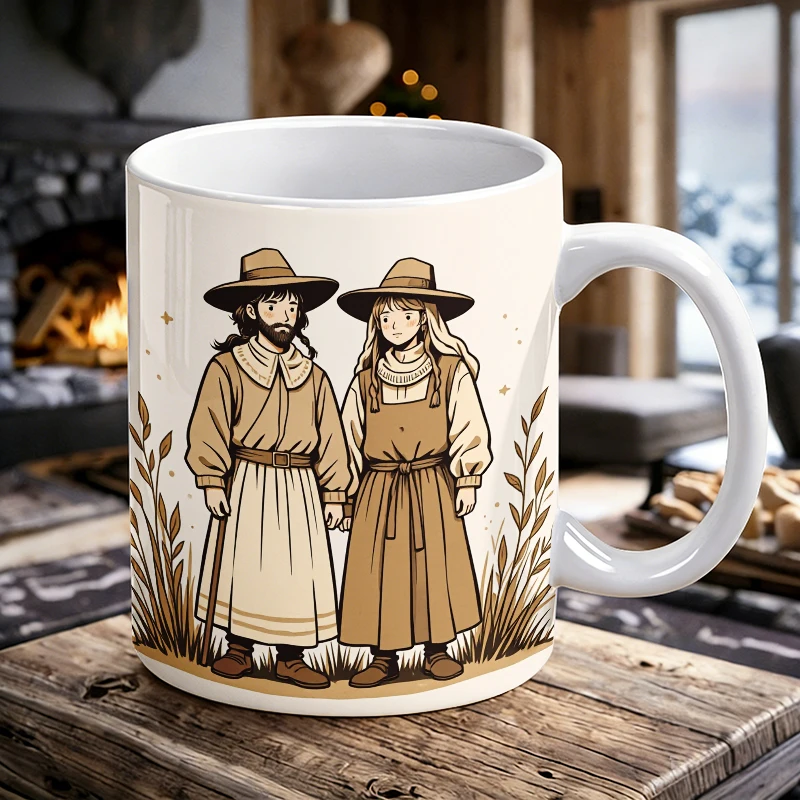 

11 oz Pilgrim Couple Handle Ceramic Mug, Full Print Pattern Coffee Cup, Insulated Milk Cup, Office Water Cup, Fade-Resistant