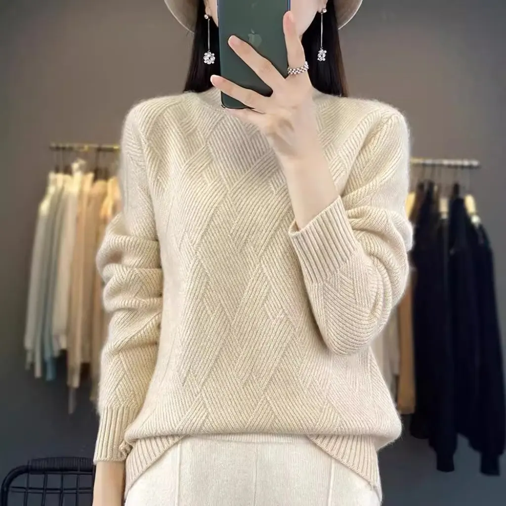 

Женский утолщенный тканый свитер из 100% шерсти с полувысоким воротником, свободный повседневный топ на осень-зиму, универсальный вариант