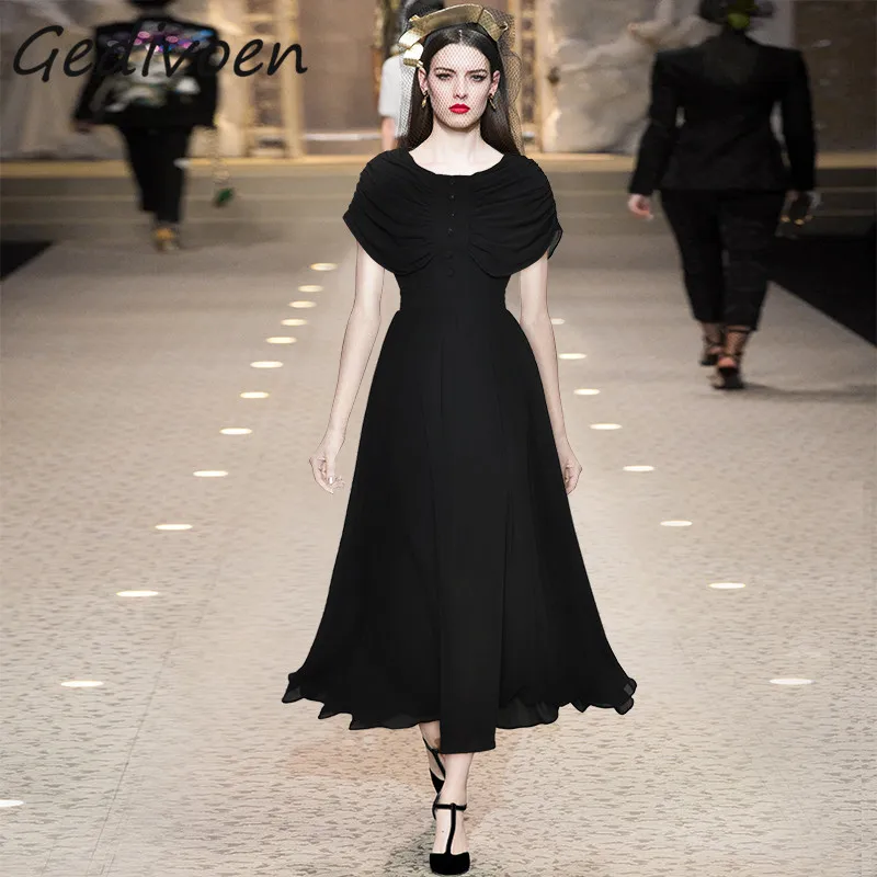 

Gedivoen Summer Fashion Runway Vintage Party Black Dress Women Butterfly Sleeve Button High Waist Ruched Temperament Long Dress