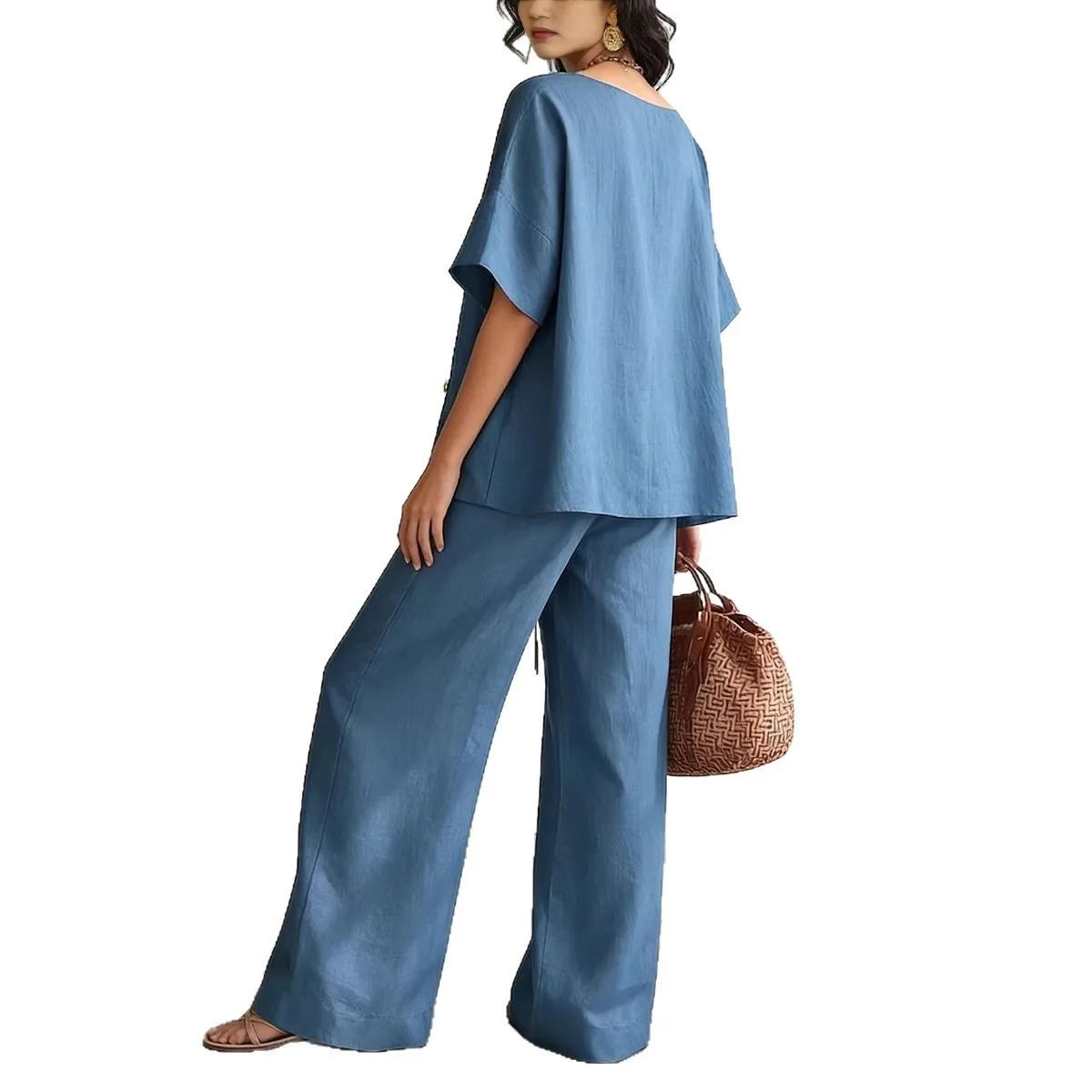 Damen 2-Teiliges Set V-Ausschnitt Top Kurzarm Weite Hose Kordelzug Taille Oversize-Passform Einfarbig Leinen-Look Mode