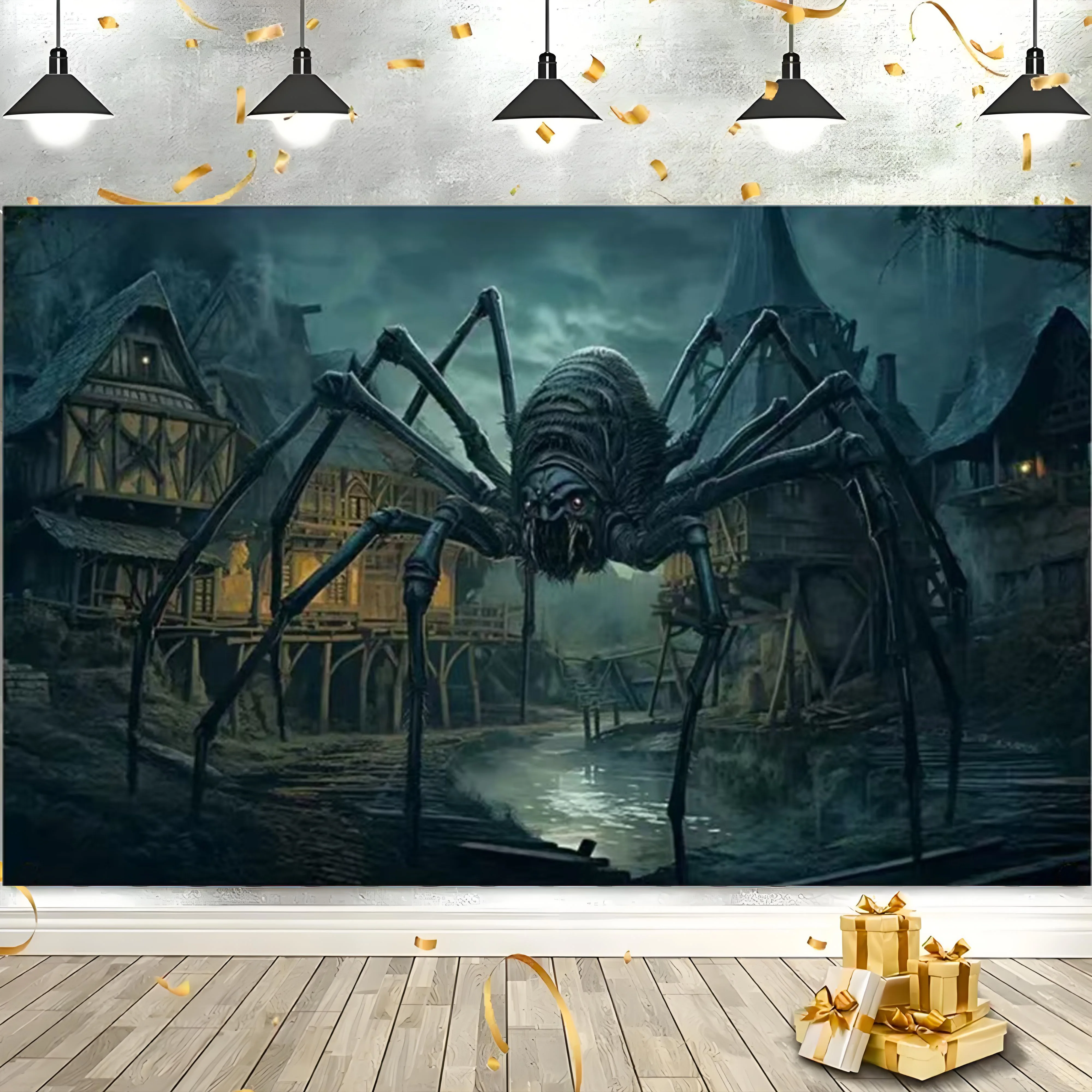 خلفية تصوير رعب للهالوين أزرق داكن ليلة القمر الكامل قلعة اليقطين فانوس 2025 حفلة الهالوين #2