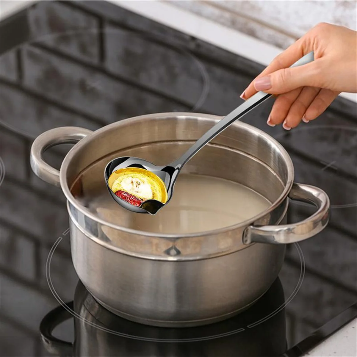 A71Z Oil Separator Soup Ladle Stainless Steel Grease Trap Long Spoon Soup Colander for Cooking Kitchen Accessory for Hot Pot