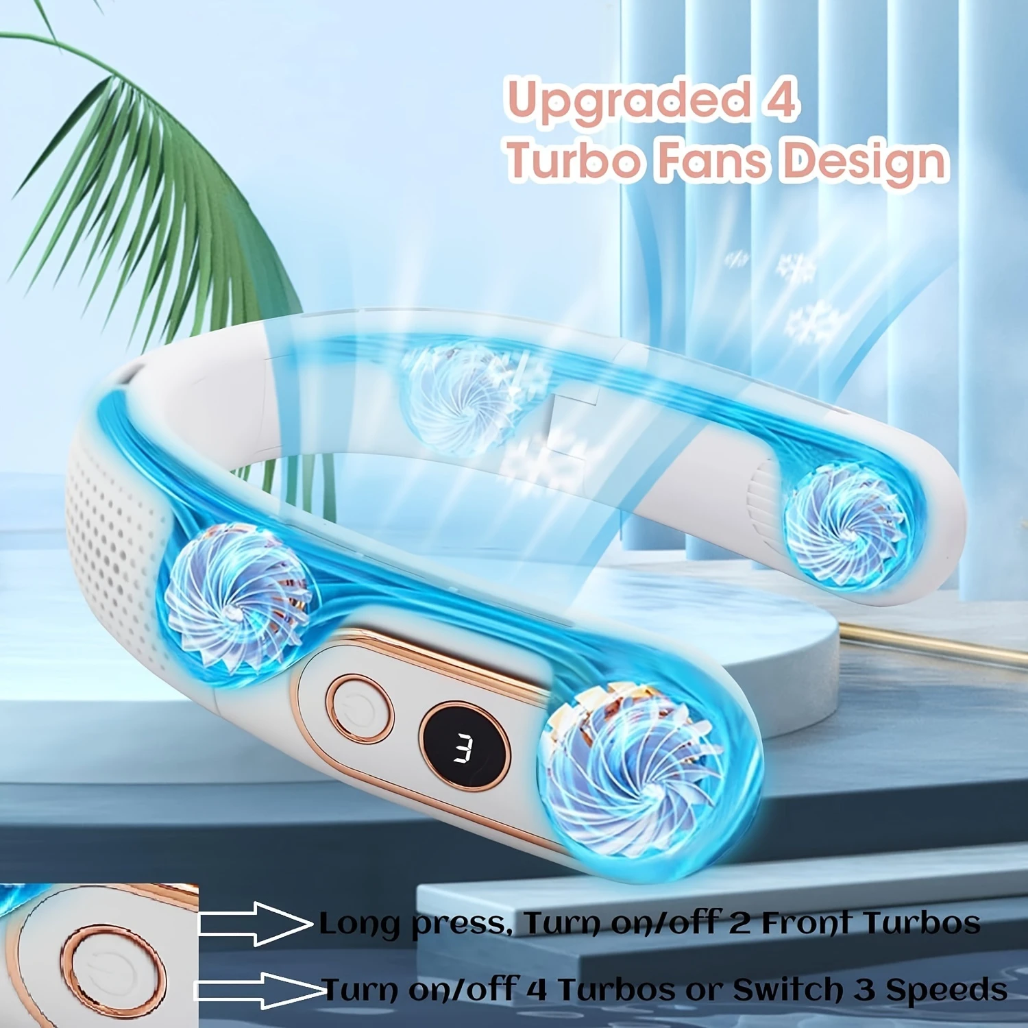 مروحة الرقبة، 4 مروحة محمولة قابلة للطي، مروحة رقبة خالية من الشفرة بقدرة 6000 مللي أمبير في الساعة قابلة لإعادة الشحن، شاشة LED، 3 سرعات قابلة للتعديل، ° التبريد أ