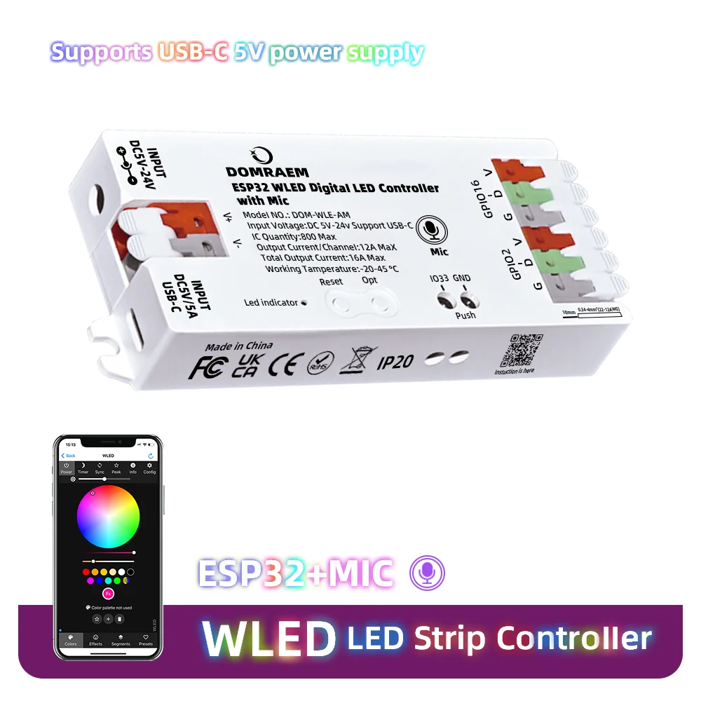 ESP32 Type-C WLED Digital LED Controller, 2CH 16A , Built-in Relay & Mic, Supports WS281x/SK6812 Strips, Works with HA/Alexa