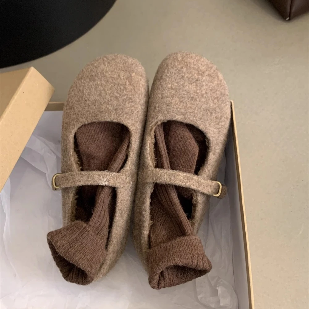 แฟชั่นสแควร์ Toe ขนแกะ Flet Ballet Flats ผู้หญิงฤดูหนาว WARM Wool Mary Jane รองเท้าสุภาพสตรีการออกแบบแบรนด์ Elegant Plush Loafers