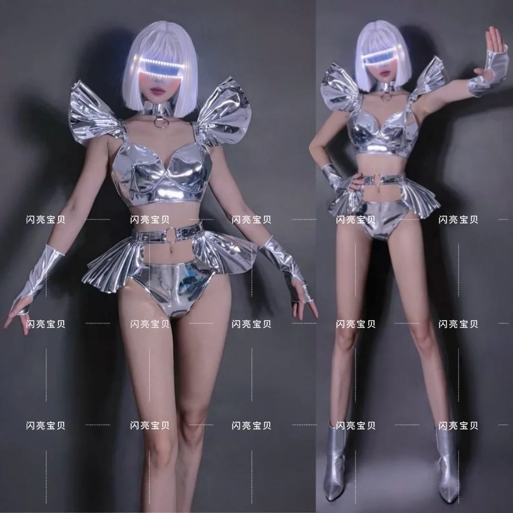 2025 Nieuwe Bar Zilver Ruimte Toekomstige Technologie Trendy Nachtclub DS Toonaangevende Dans Gogo Interactieve Mode Prestaties Jurk Set yk
