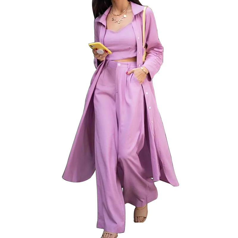 Spring Autumn Leisure Blouse Coat Tank Top Wide Leg Flare Pants Women 3 Piece Suit