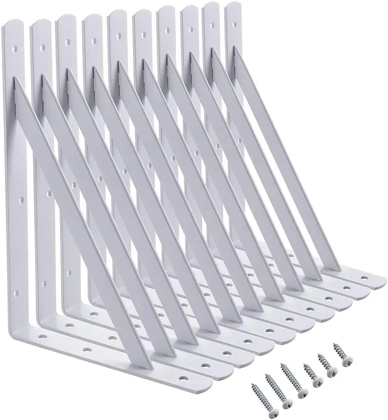 

12 x 8 inch Heavy Duty Shelf Brackets, Load Capacity: 600lb, 10-Pack White Metal L Supports for Wall Mounte