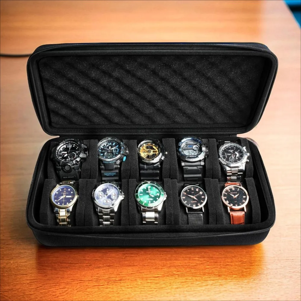 Caja de almacenamiento de reloj con 10 ranuras, Estuche De Viaje con cremallera, organizador de reloj portátil, soporte de exhibición para relojes de pulsera y relojes inteligentes