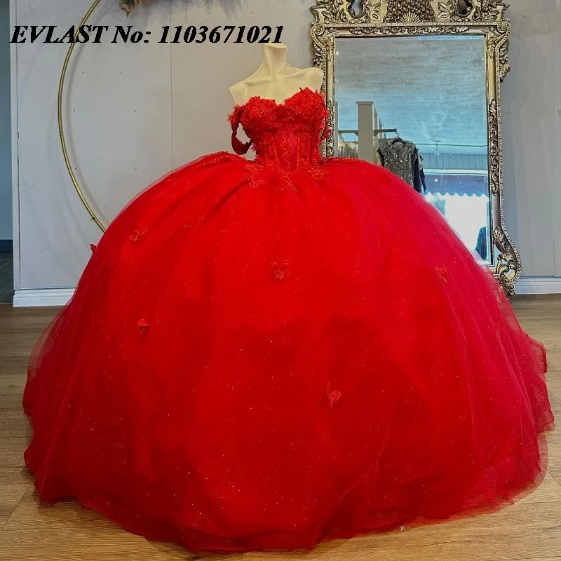 

EVLAST Customized Red Quinceanera Dress Ball Gown Shiny Floral Applique Beading Mexican Sweet 16 Vestidos De XV 15 Anos SQ109