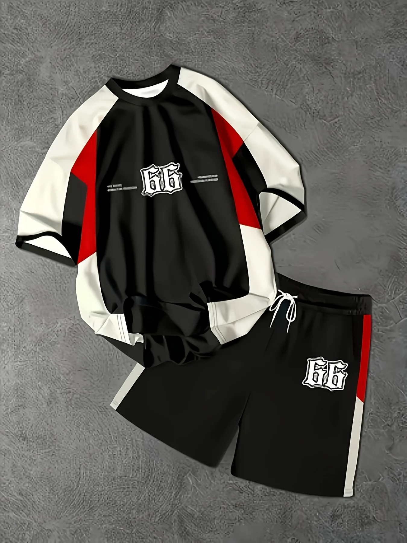 

Men's Casual 3D Printed "66" Pattern T-Shirt Set Crew Neck Regular Version