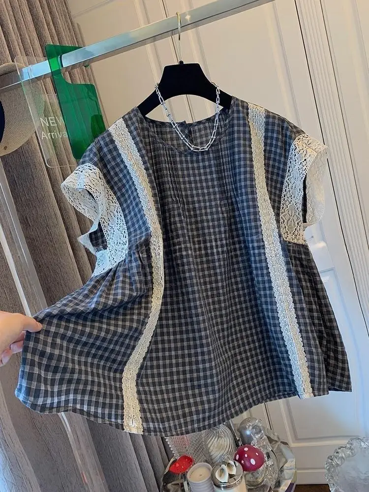 

Women Clothing Round Neck Summer 2025 New Chic Fashionable Shirring Patchwork Ruffled Shirt Tops