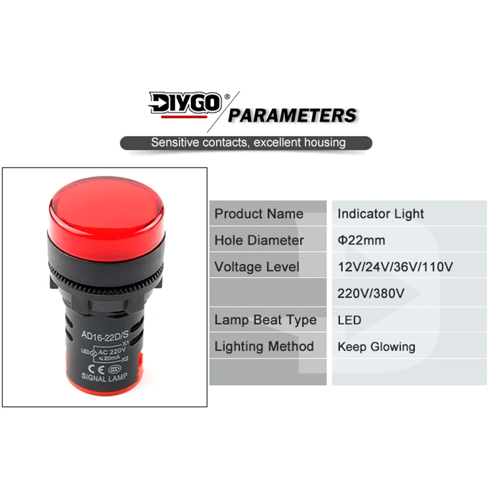 1PCS AD16-22 22mm LED Power Indicator Panel Mount Pilot Signal Light Lamp 12V 24V 110V 220V 380V Red Blue White Green Yellow image 2