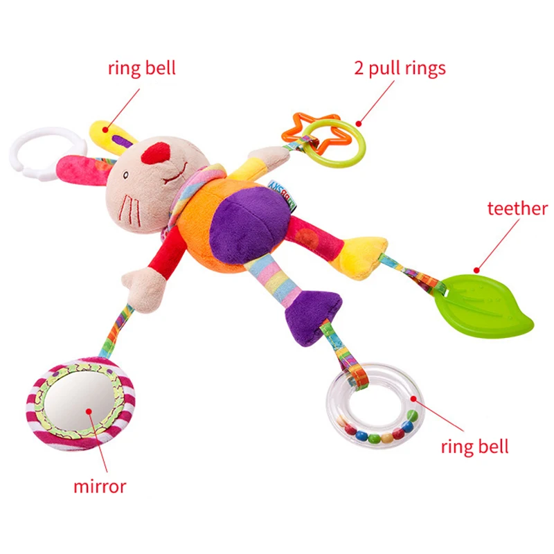 Baby Sensory Hanging Rattle Toys Cartoon Animals Plush Infant Car Bed Crib with Teether Toys for Newborn 0-24 Months Toddler Toy