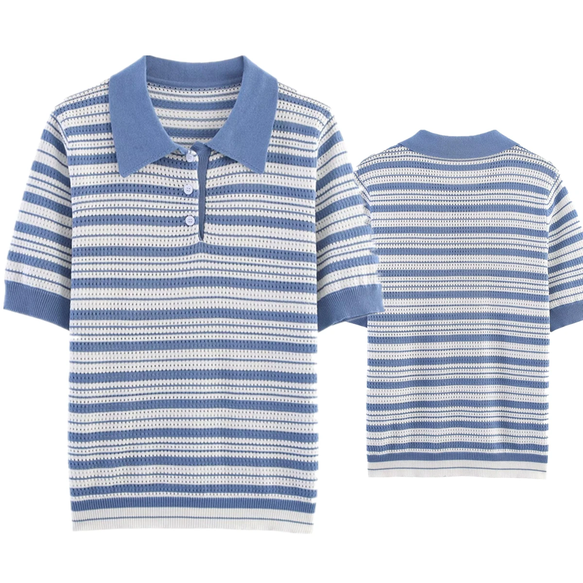

Dave&Di French Lazy Minimalist Blue Striped Polo Shirt T-shirt Women Tops Pullover Retro Knitwear Sweaters Girls
