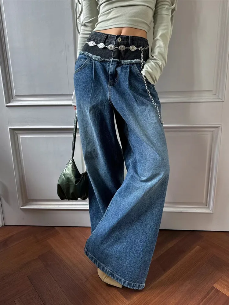 2024 Cyber Y 2K Streetwear Patchwork Gewassen Blauwe Baggy Jeans Broek Voor Dames Jaren 90 Vintage Kleding Wijde Pijpen Geplooide Damesbroek