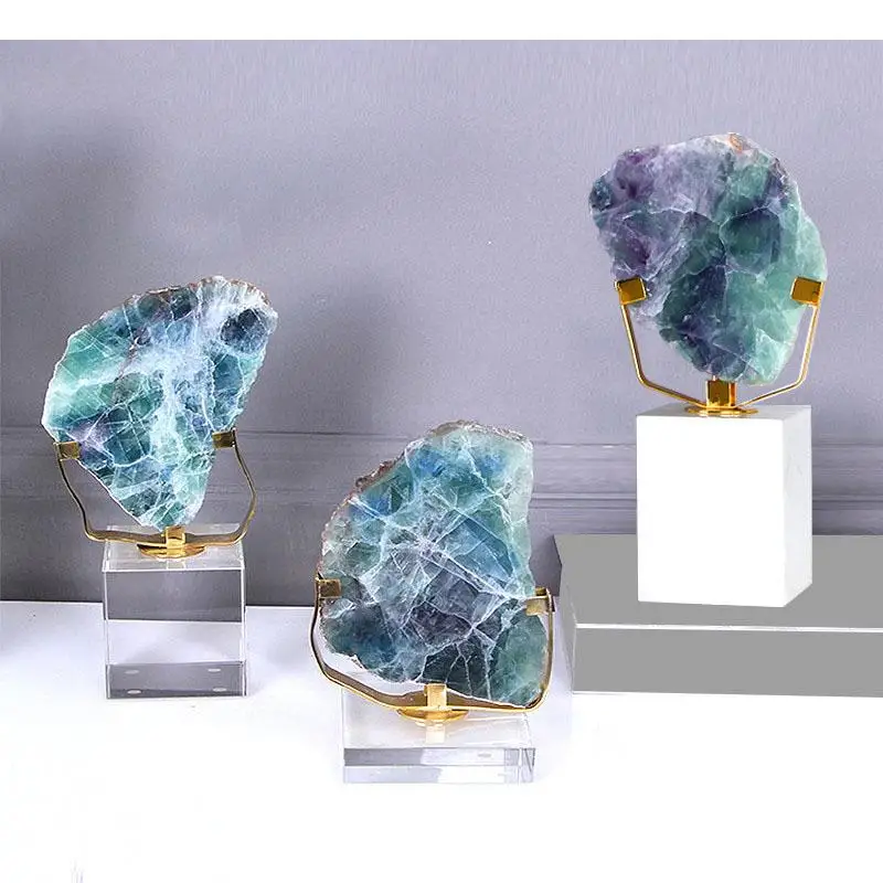 Natural Fluorite Sculpture Crystal/marble Base Crafts Ornaments Living Room Decoration Artwork Furnishings Modern Home Decor