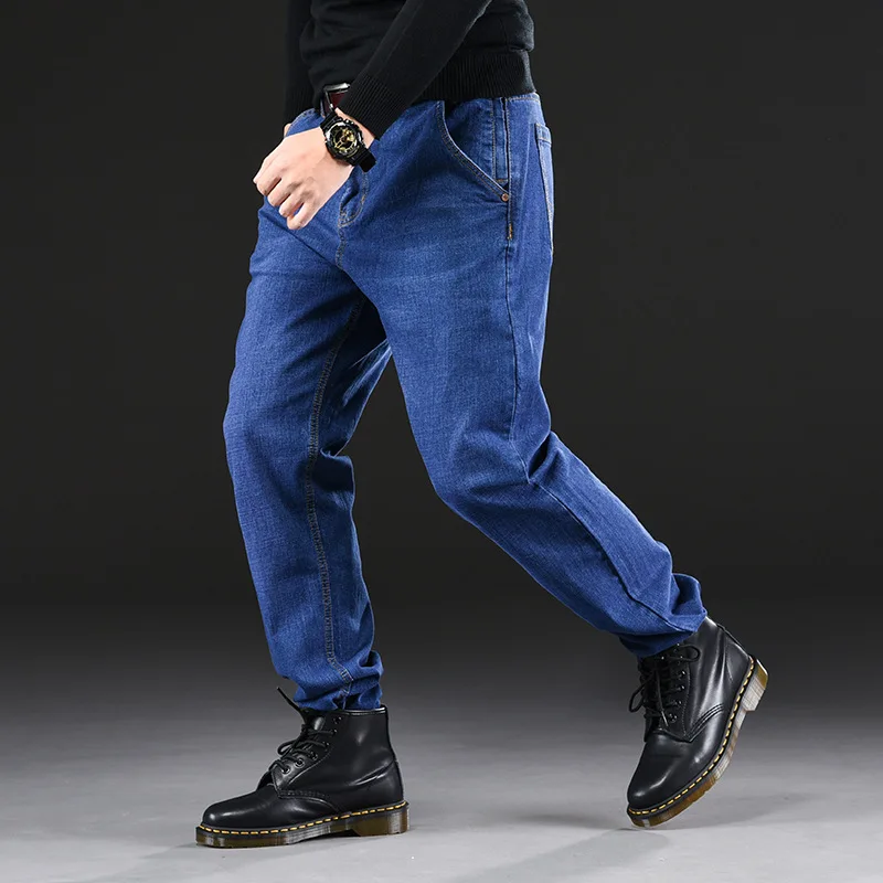 High elasticity anti-theft jeans men's loose straight big size trousers autumn baggy Blue Black jeans 50 48 46