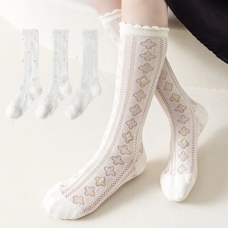 

Korean Baby Children Girl Cute Socks Kids Beige Color Mesh Breathable School Uniform Stockings Princess Knee High Long Socks