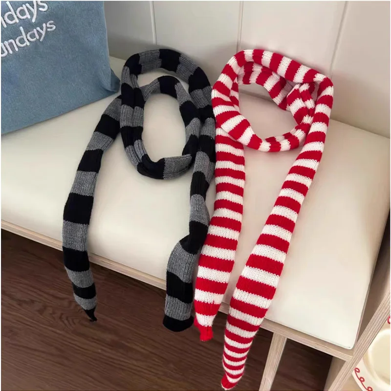 5X180CM Knitting Concave Decorative Scarf Knitted Slim Narrow Scarf Ribbon Scarf Long Thin Strip Neck Scarves Striped Scarf Cool